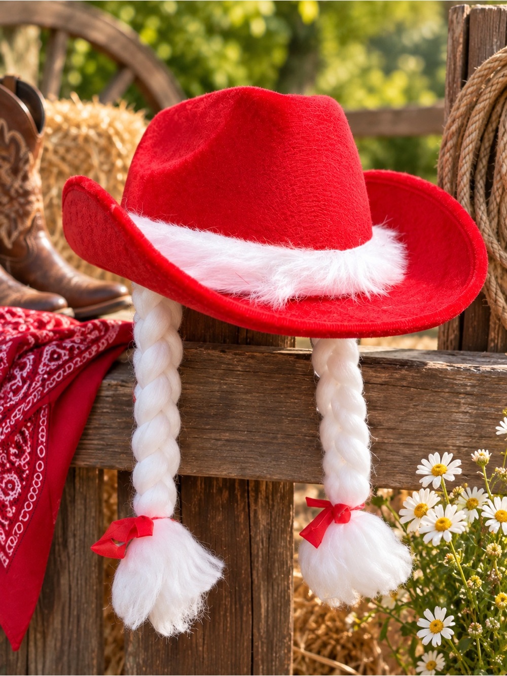 Kids Red Cowgirl Cowboy Hat Costume White Braids Western Dress-Up